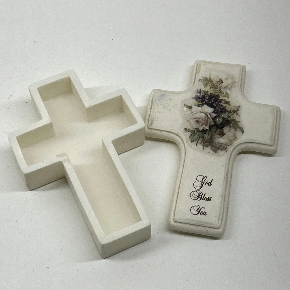 Vintage‎ Cross Shaped Trinket Box God Bless You Floral Ceramic Keepsake Lid
